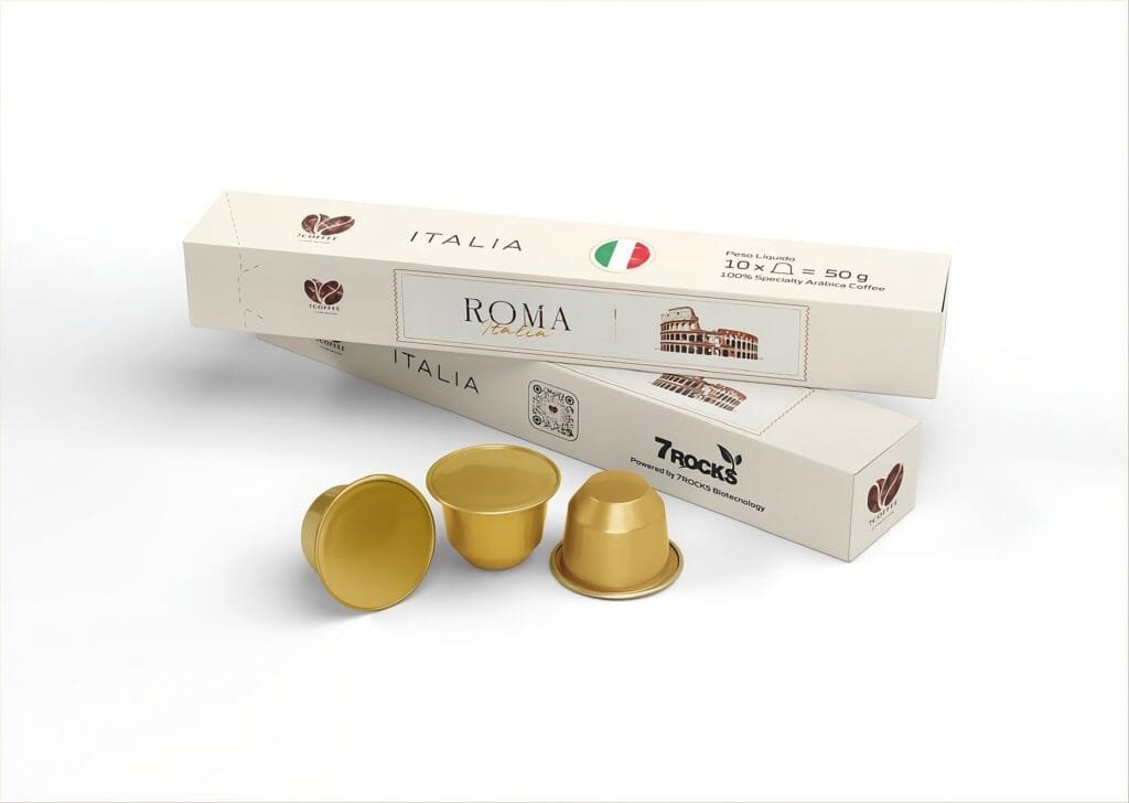 Cápsulas de café Roma compatíveis com Nespresso Embalagem das cápsulas de café Roma da SEVEN COFFEE Chávena de espresso feita com cápsulas de café Roma Cápsulas Compatíveis com Nespresso Cápsulas de café compatíveis com Nespresso