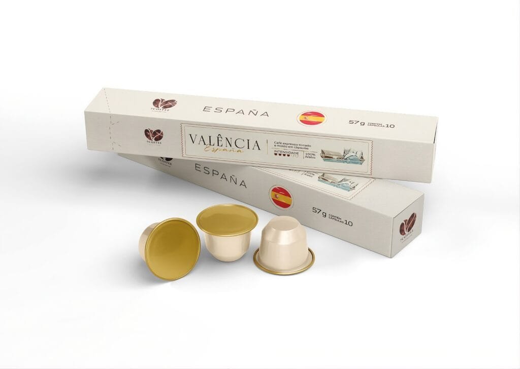 Cápsulas de café Valência compatíveis com Nespresso Embalagem das cápsulas de café Valência SEVEN COFFEE Café tirado com cápsulas de café Valência Cápsulas Compatíveis com Nespresso Cápsulas de café compatíveis com Nespresso